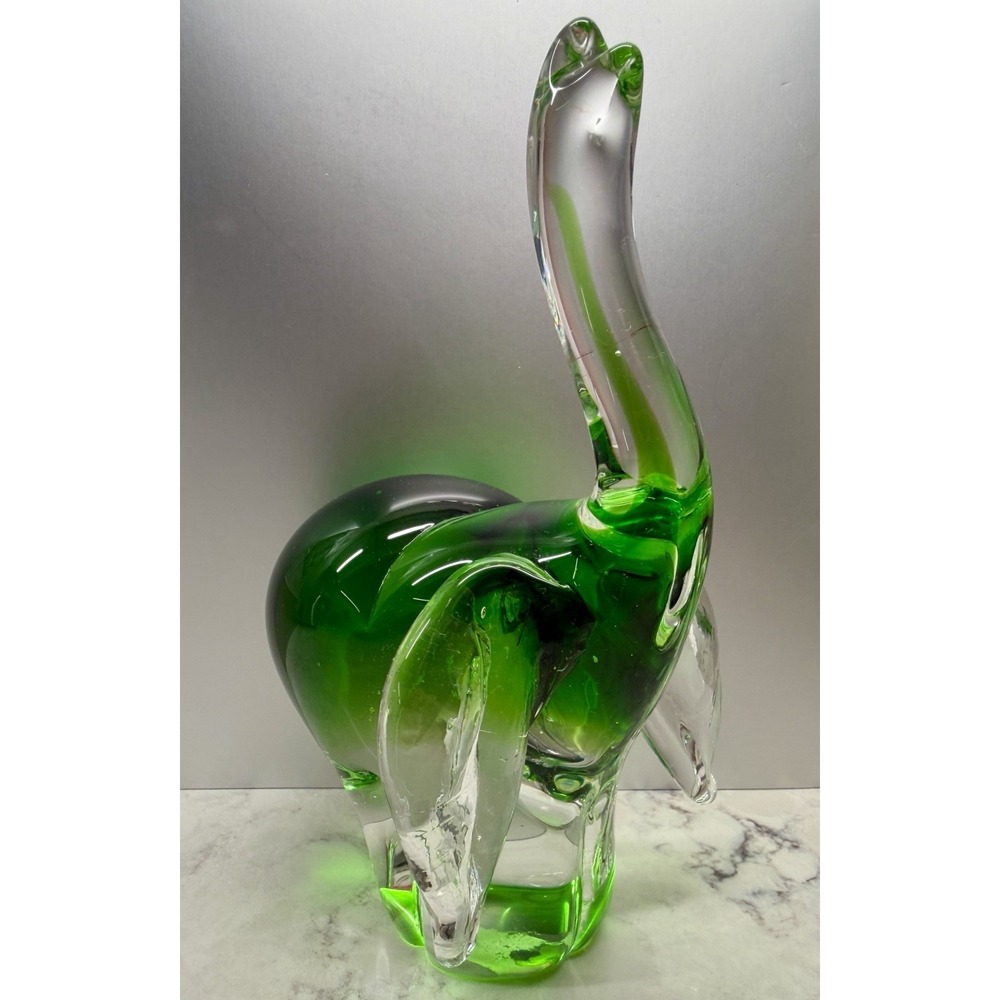 FIFTH AVENUE Elephant Glass Sculpture Trunk Up Green Heavy Paperweight 8"Hx4.5"W
